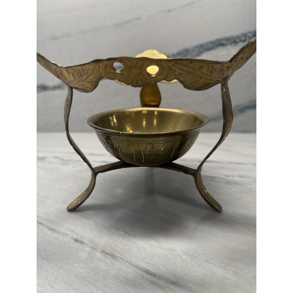 Antique Brass Stand Etched Bowl Qing China‎ Candle Incense Burner Ornate
